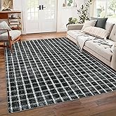 5x7 Rug Non-Slip Washable Low-Pile Carpet - Checkered Braided Geometric Print for Living Room Bedroom Nursery Kitchen Dining Indoor Use Black