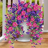 Artificial Fake Hanging Flowers Plants for Outdoor Outside Spring Summer Decoration 2PCS Faux Silk UV Resistant Realistic Morning Glory with Eucalyptus for Home Porch Patio Balcony(Purple & Magenta)