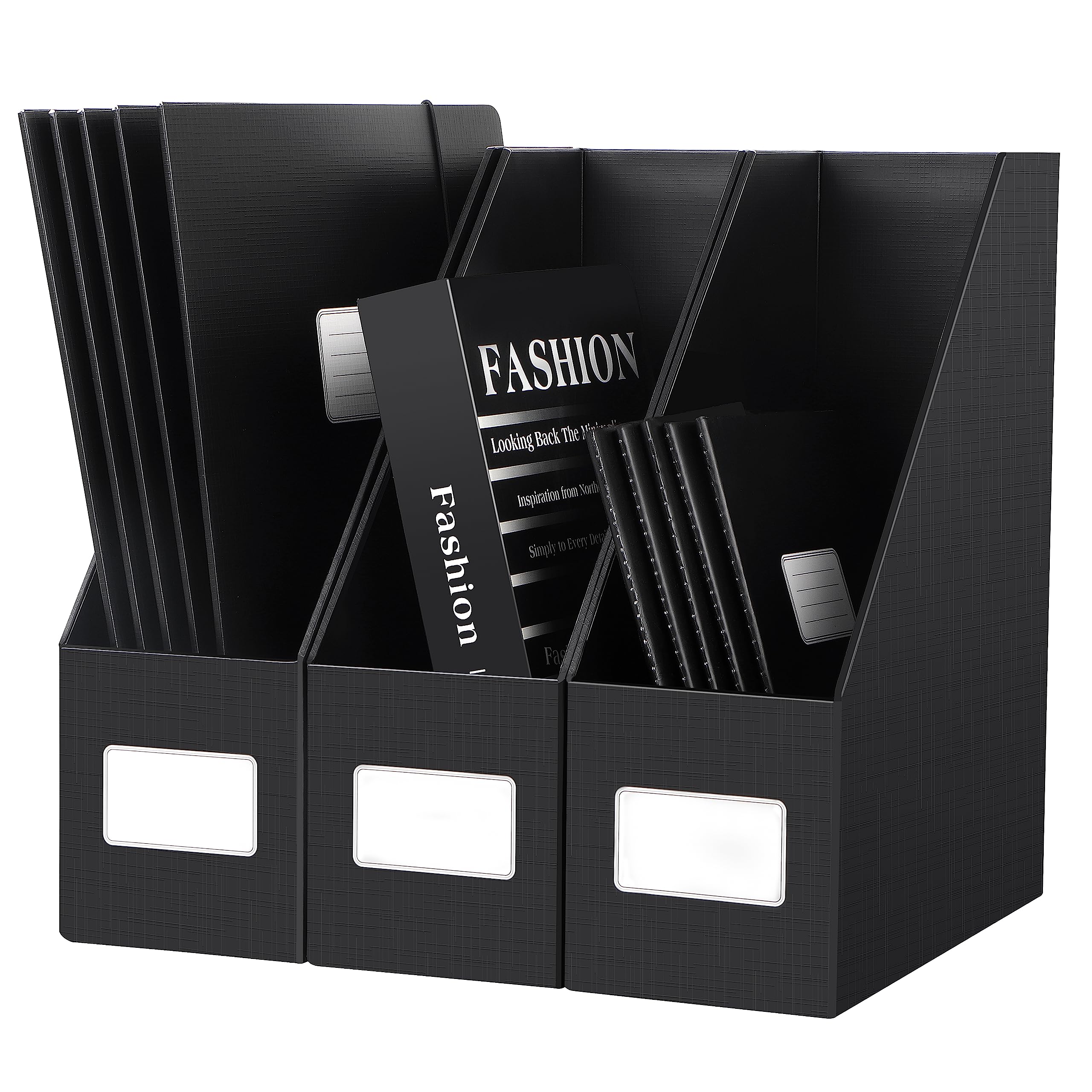 JiaWei Pack of 3 Magazine File Holders, 10.5 cm Wide, Thicker Bottom, Made of 1800 g/m² Extra Sturdy Cardboard, A4 Document & Magazine Rack, for Storing Books Office Supplies - Black