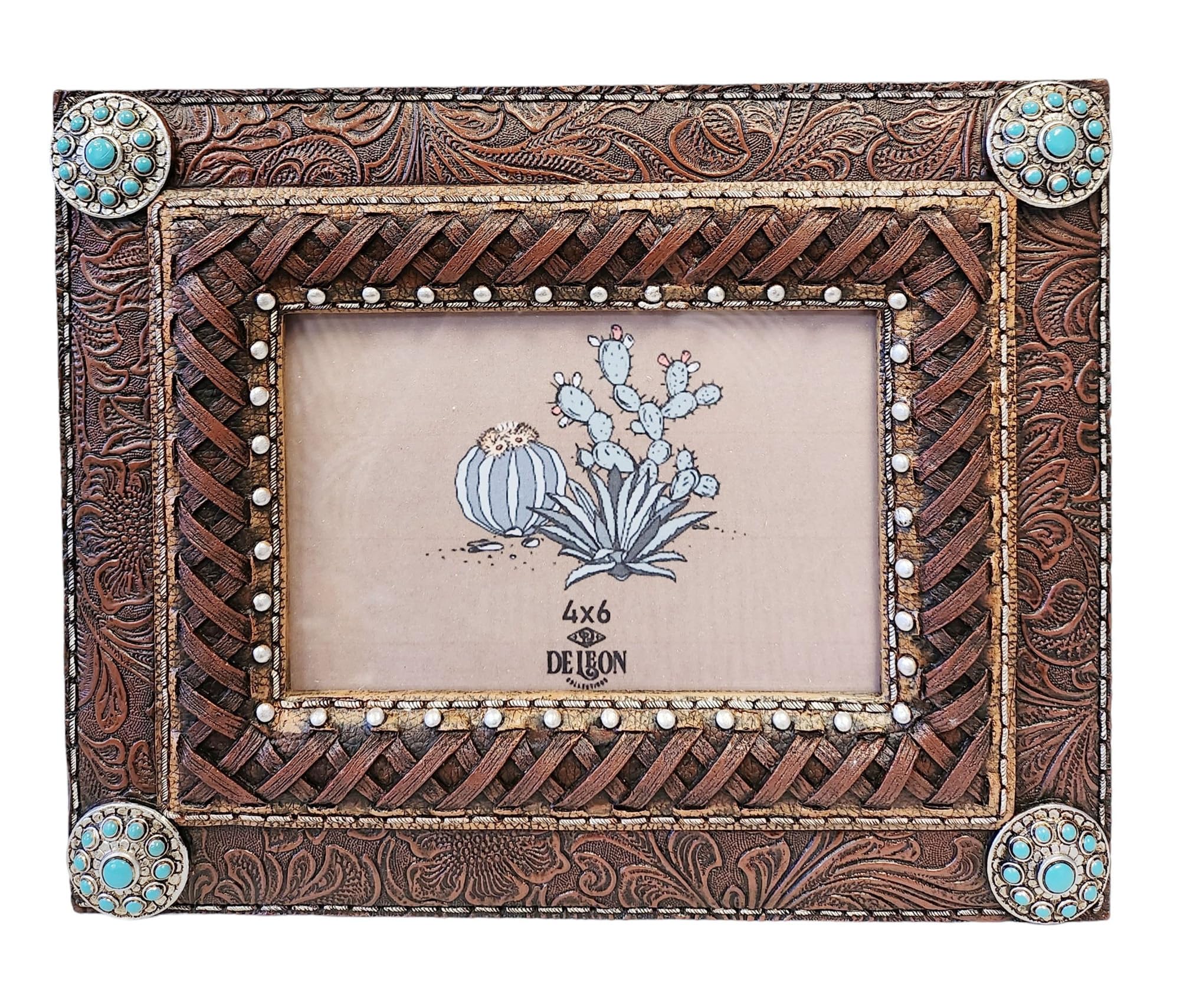 Photo 1 of De Leon Collections Standing Landscape Photo Picture Frame, 6 x 4 Inch Polyresin, Concho and Leather
