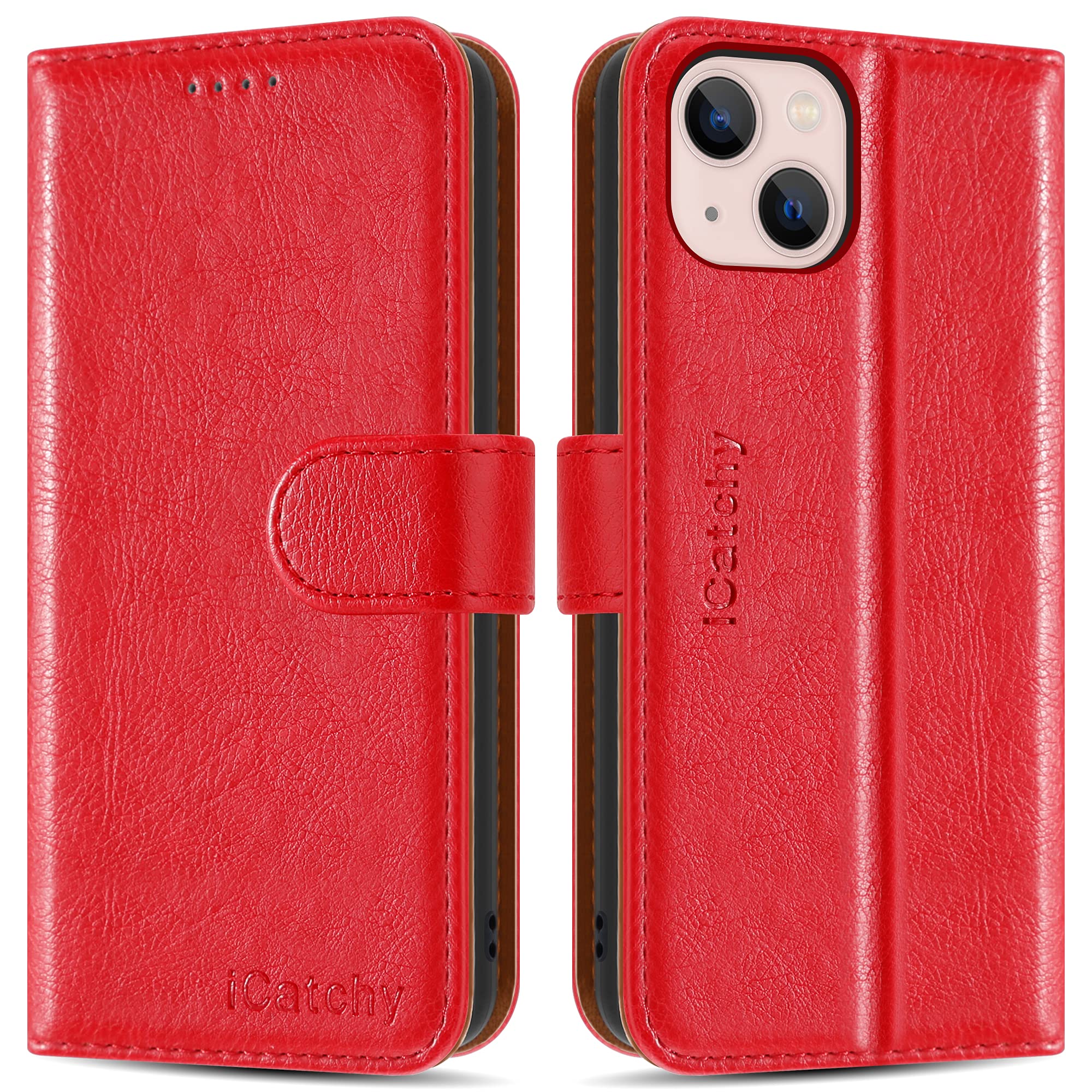 iCatchy for iPhone 13 Mini Case (5.4'') Leather Wallet Book Flip Folio Cover (Wine Red)