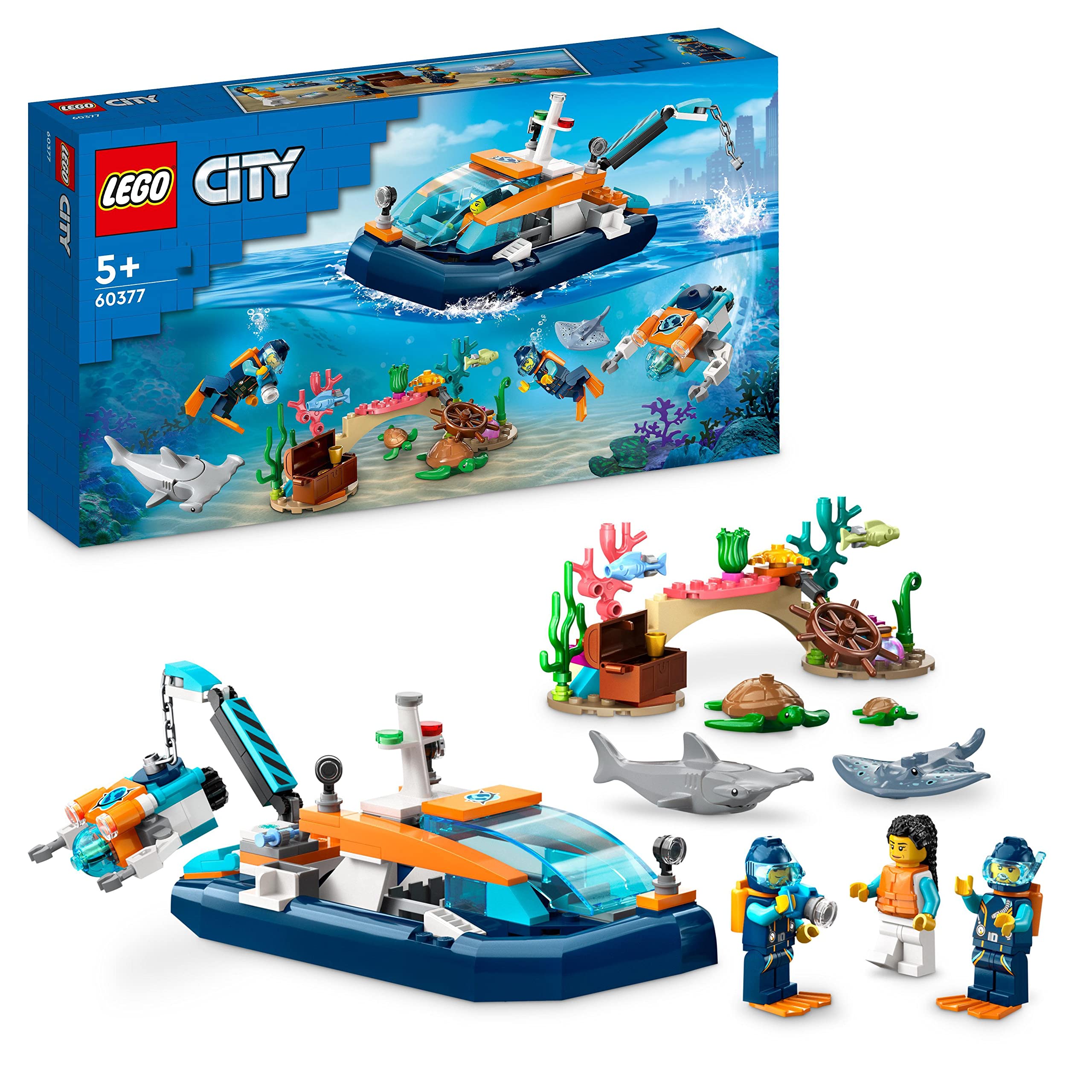 LEGO City Explorer Diving Boat Toy with Mini-Submarine, Shark, Crab, Turtle Manta Ray and Sea Animal Figures, Underwater Ocean Diving Set, for Kids Aged 5+ 60377