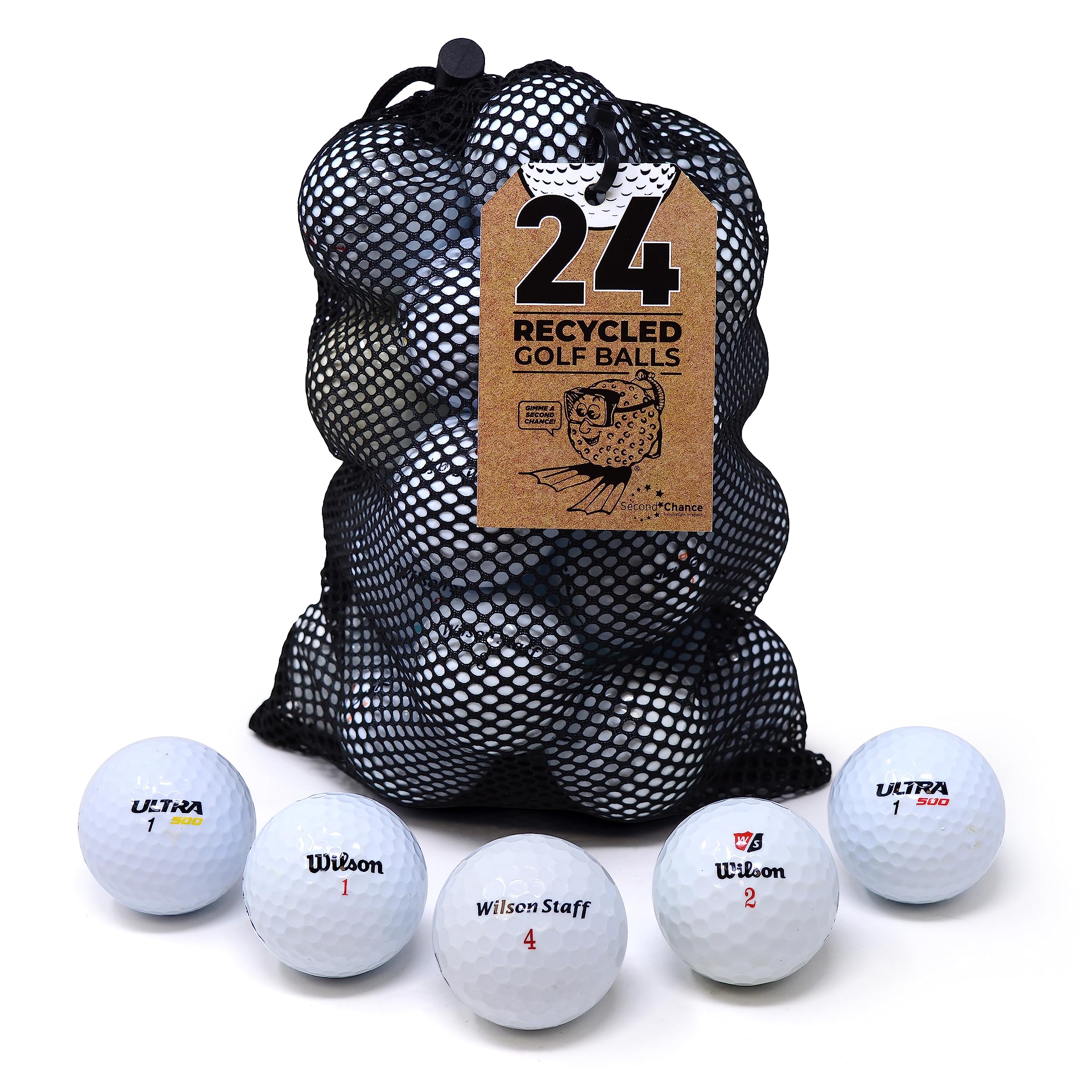 Second Chance Recycled Lake Golf Balls, Used Golf Balls - 24 Mesh Bag - Grade A for Wilson Golf Balls
