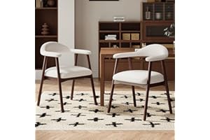 MALOL Wooden Dining Chair with Armrest Set of 2, Modern Fabric Upholstered Dining Room Chair with Curved Back and Wood Legs,Comfortable Accent Chairs for Kitchen Dining Room,Beige