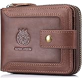 SCHLATUM Genuine Leather Zipper Wallet for Men RFID Blocking Large Capacity Vintage Wallet with Coin Pocket ID Window, Coffee
