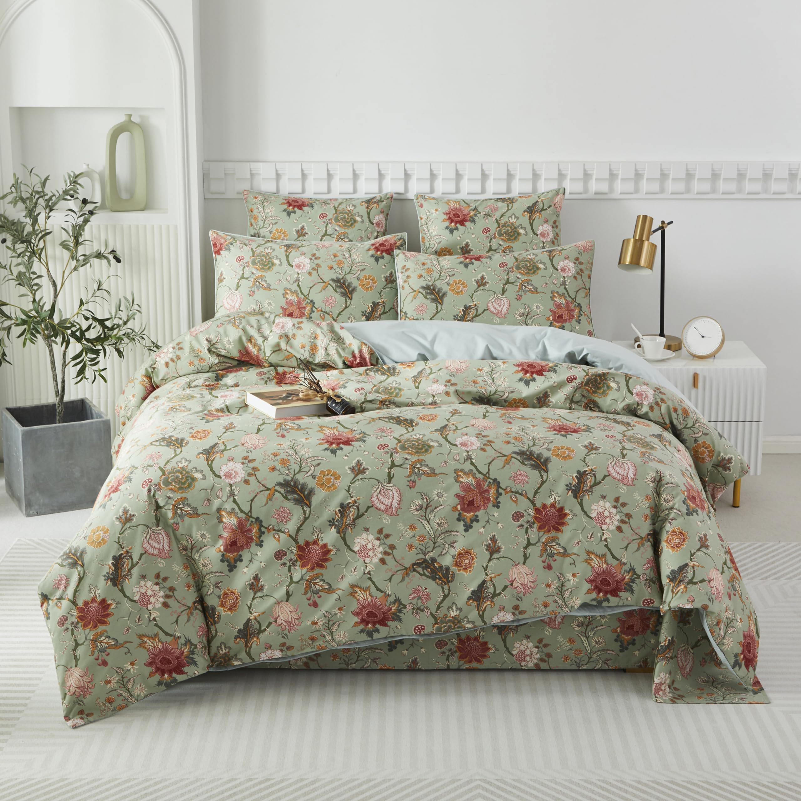 Photo 1 of Softta Vintage Shabby Colorful Flower Leaves Bedding Set King Size 3Pcs Elegant Duvet Cover Set Boho 100% Egyptian Cotton Light Gray GreenLPNPMFH7746502
