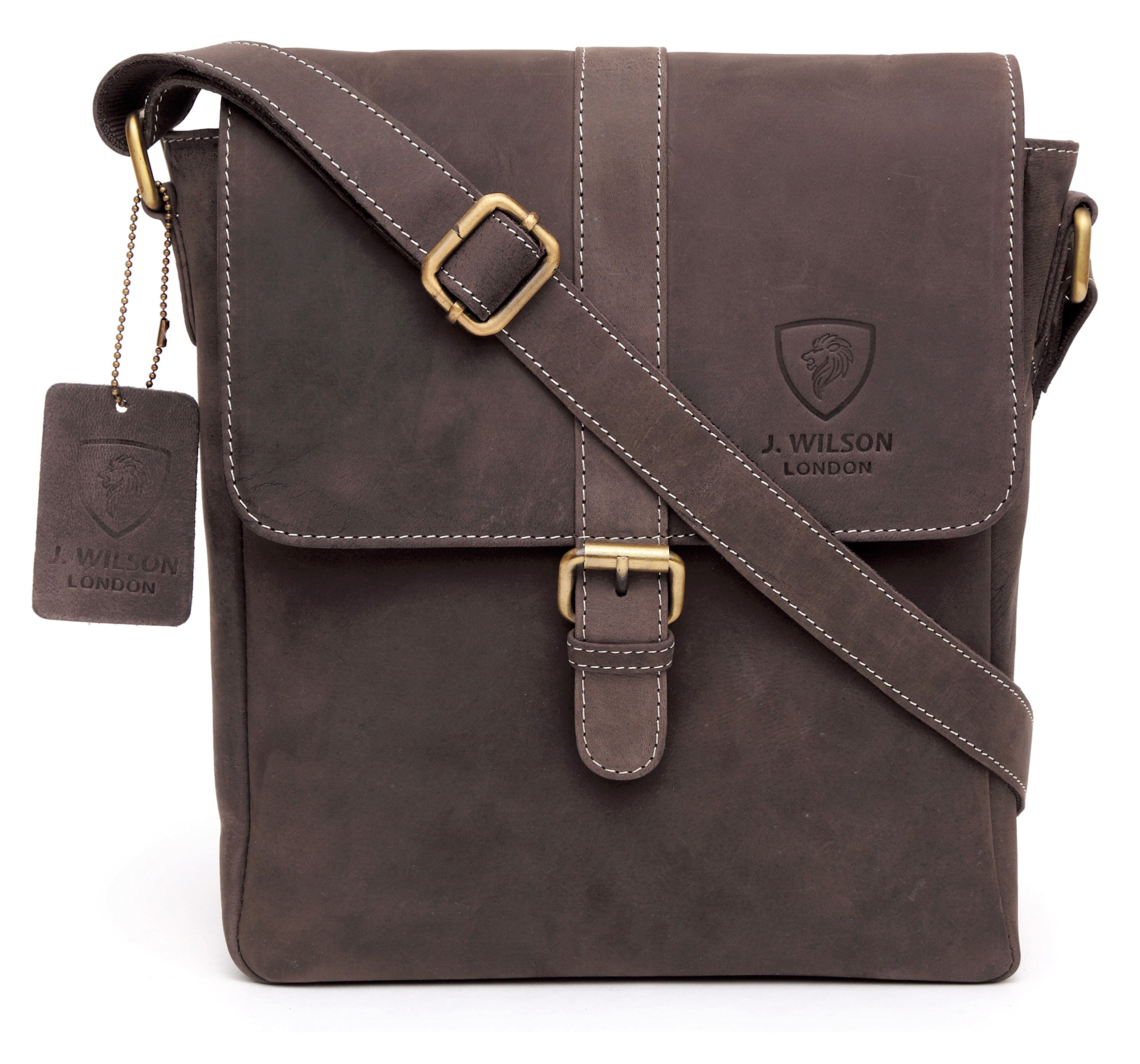 J. Wilson London 100% Genuine Real Vintage Hunter Leather Handmade Mens Womens Leather Everyday Crossover Shoulder Work Tablet Messenger Bag (Distressed Rustic Brown)