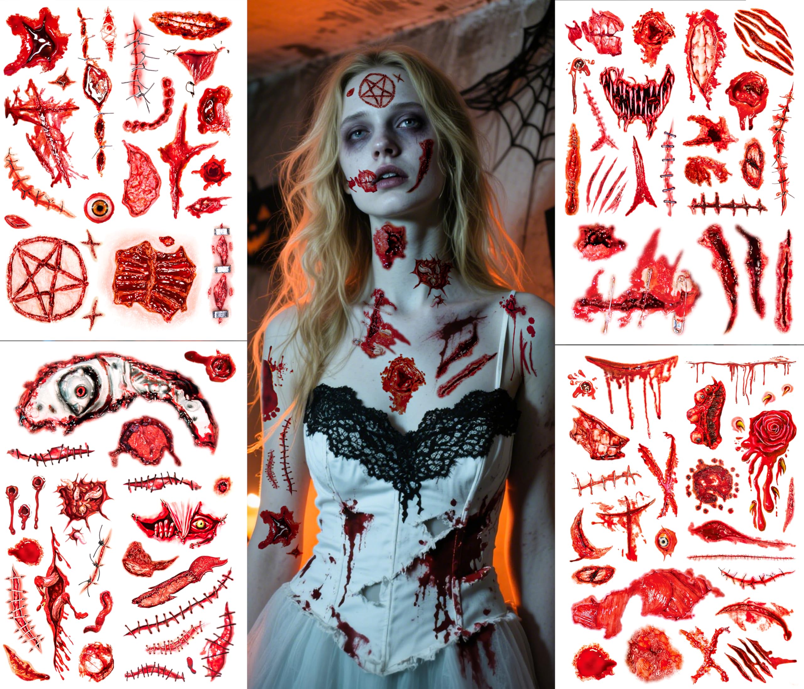 Photo 1 of 110Pcs Halloween Party Favors - 4 Sheets Halloween Decorations Tattoos Bloody Wound Supplies Goodie Bag Stuffers for Halloween Decor Indoor, Halloween Tattoos & Halloween Decorations Gifts for Party