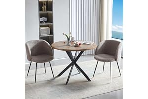 NORDICANA 3 Pieces 37-Inch Round Dining Table and Upholstered Chairs for Two Person, MDF Table-top, Light Brown Fuzzy Sherpa Armchairs with Black Metal Leg for Kitchen, Reception Room