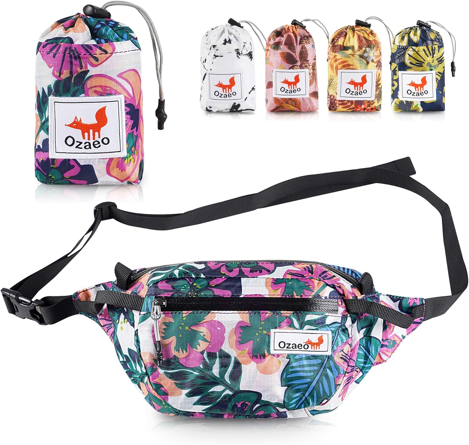 Ozaeo Travel Waist Bag, Water Resistant, Lightweight, Hiking Fanny Pack with 3-Zipper Pockets and Adjustable Strap Flower Colorful