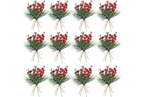 Geosar 24 Pieces Red Christmas Artificial Greenery Pine Branches Small Holly Artificial Berries Picks Bulk for Crafts Wreath Decoration Xmas Tree Party Gift for Christmas Holiday Decor