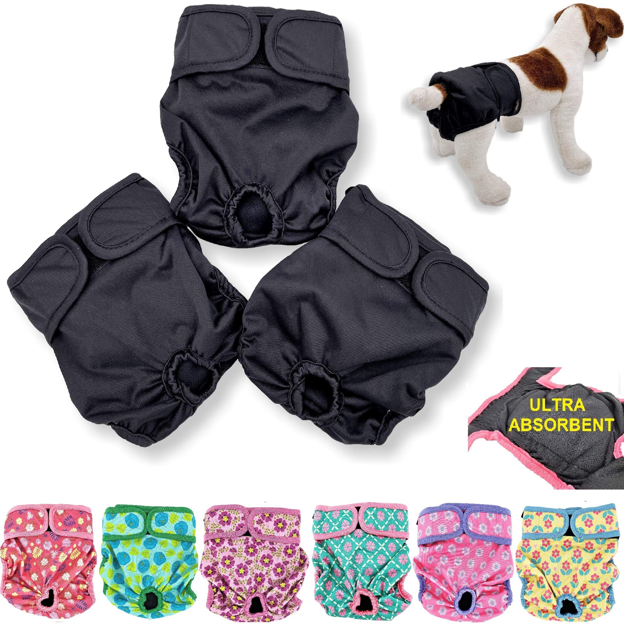 Pack of 3 or 6 Female Dog Diapers with 4 - Layers of Absorbent Pads Cat Panties Waterproof Leak Proof Washable (M: Waist 16" - 20", Pack of 3 Black)