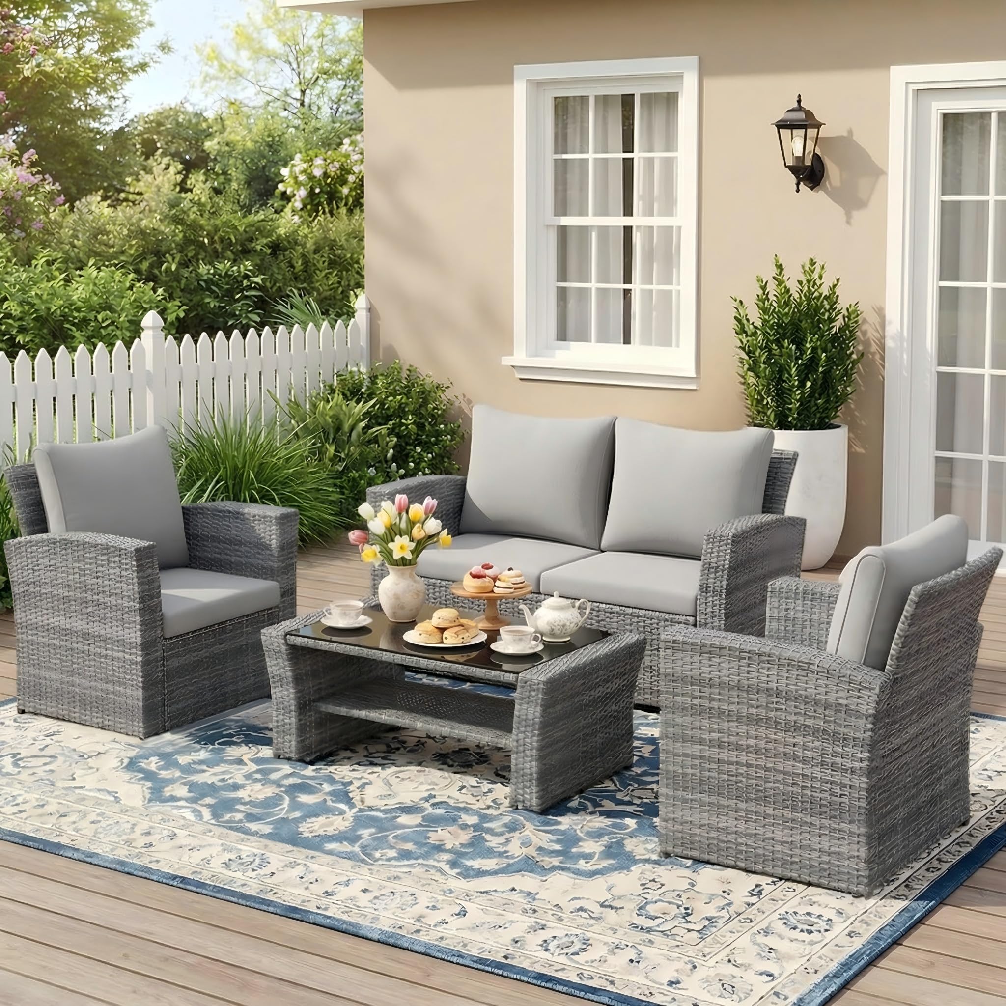 Photo 1 of Wisteria Lane 4 Piece Patio Furniture Set, Wicker Outdoor Patio Conversation Furniture Set, All Weather Outdoor Patio Sofa with Cushion and Glass Table, Ash Gray