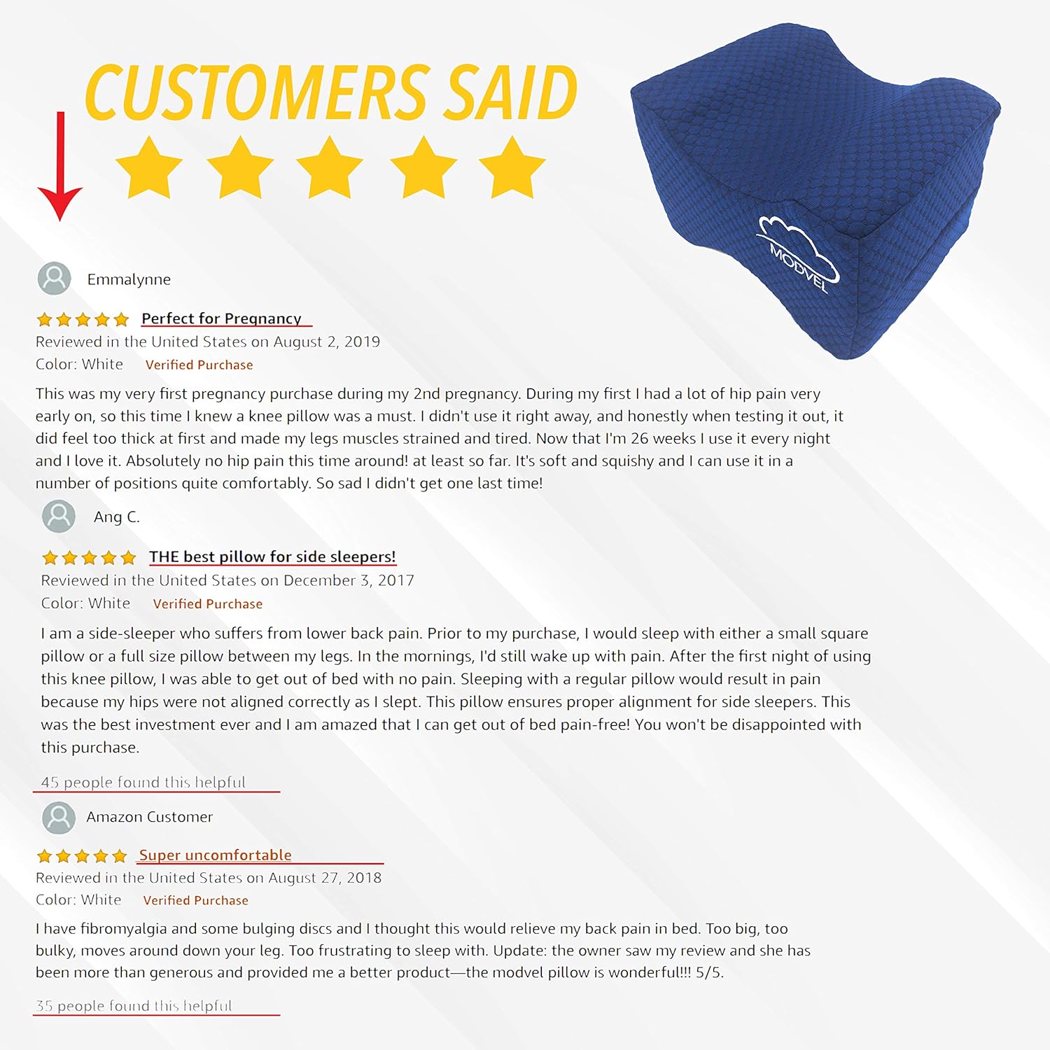 MODVEL Orthopedic Knee Pillow | Memory Foam Cushion For Hip, Sciatica & Lower Back Pain Relief | Provides Support & Comfort (MV-104): Home & Kitchen