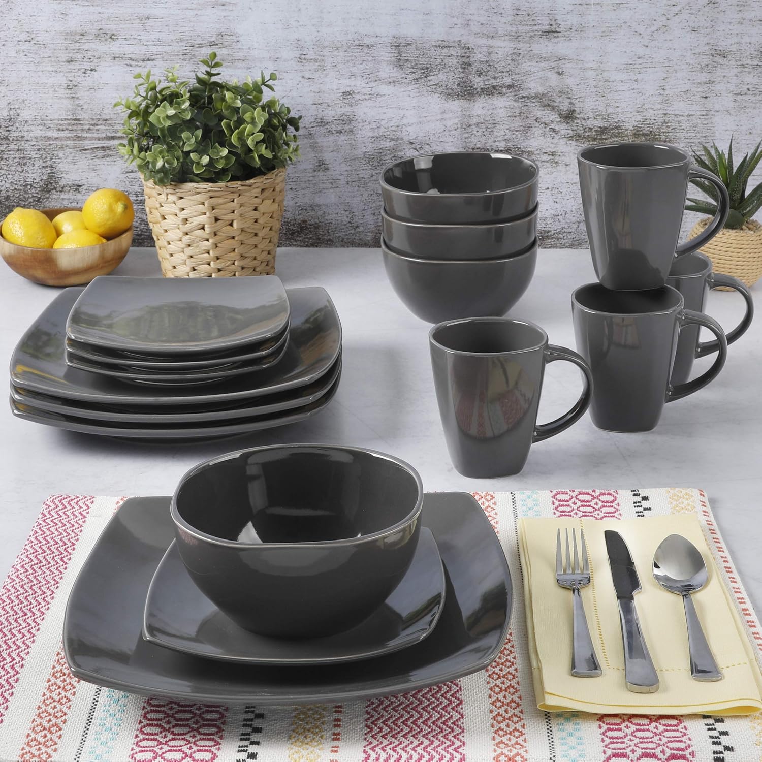Gibson Soho Lounge 16-Piece Square Reactive Glaze Dinnerware Set, Grey - 97558.16RM: Kitchen & Dining