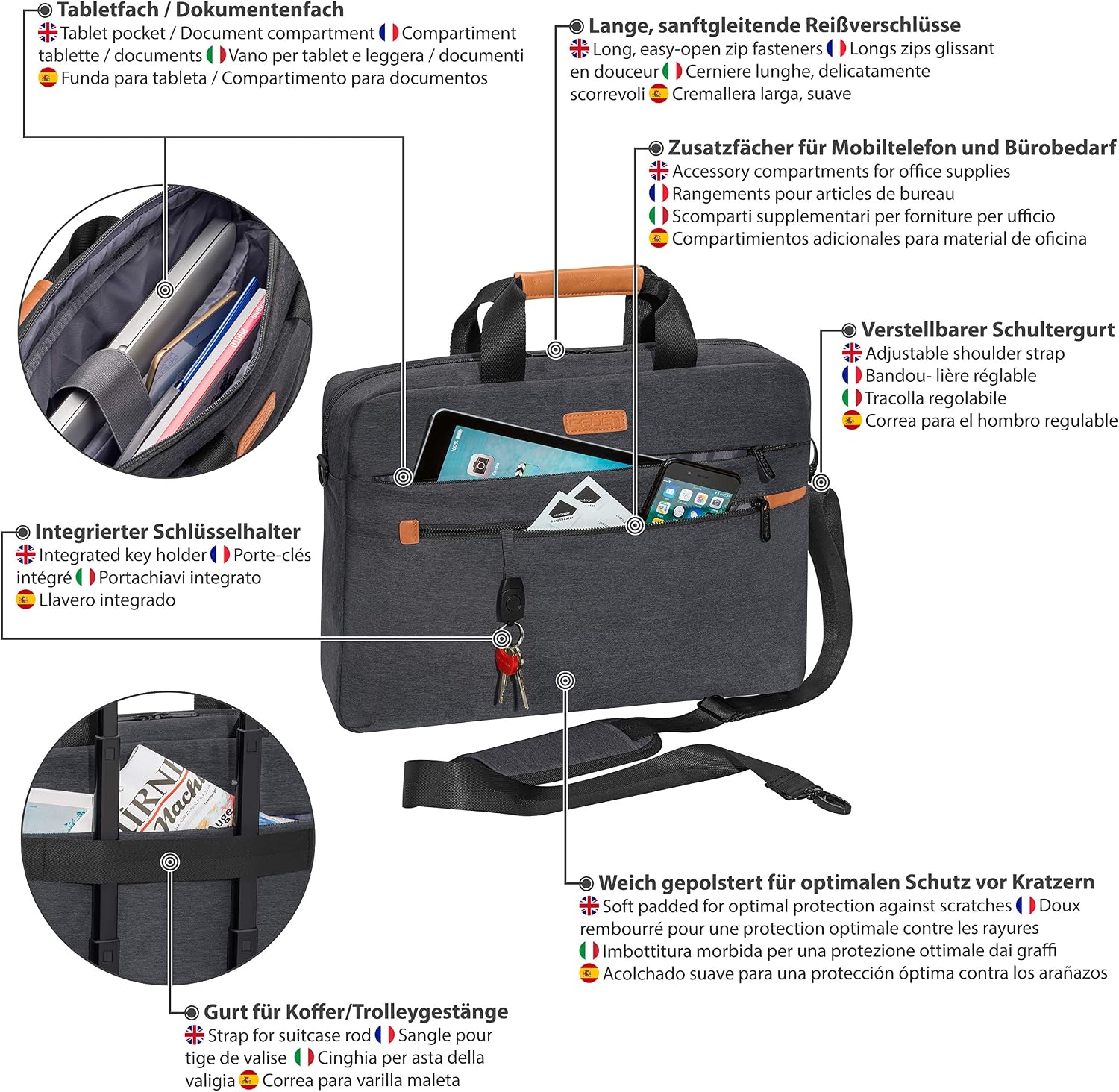 PEDEA laptop bag "Elegance Pro" bag for notebooks with screens up to 17.3 inches (43.9 cm); shoulder bag with shoulder strap and compartment for tablets up to 11 inches (27.96 cm) - Image 5