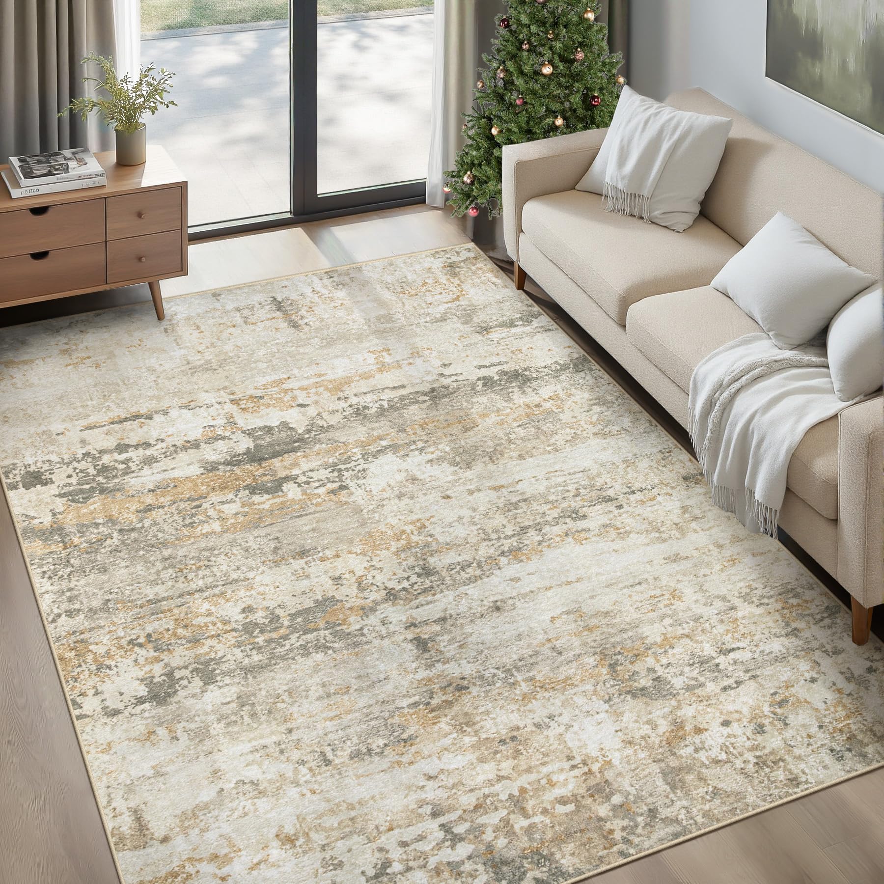 Area Rugs 5x7 for Living Room: Washable Rug Modern Abstract Neutral Soft Non-Slip Low-Pile Indoor Carpet for Bedroom Dining Room Playroom Home Office (Beige Grey Brown, 5'x7')