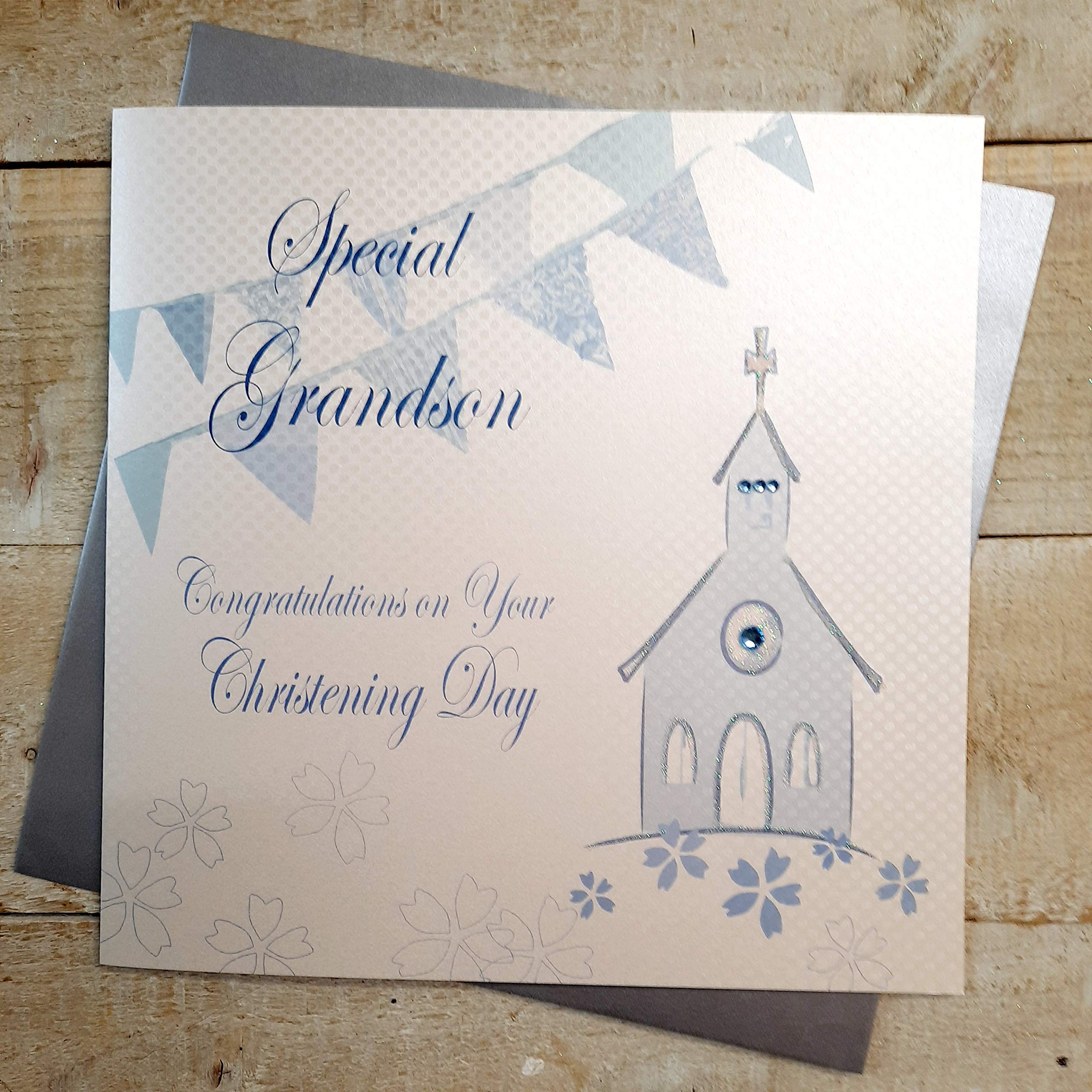 WHITE COTTON CARDS Special Grandson Congratulations Day, Handmade Large Christening Card (Blue,Church)