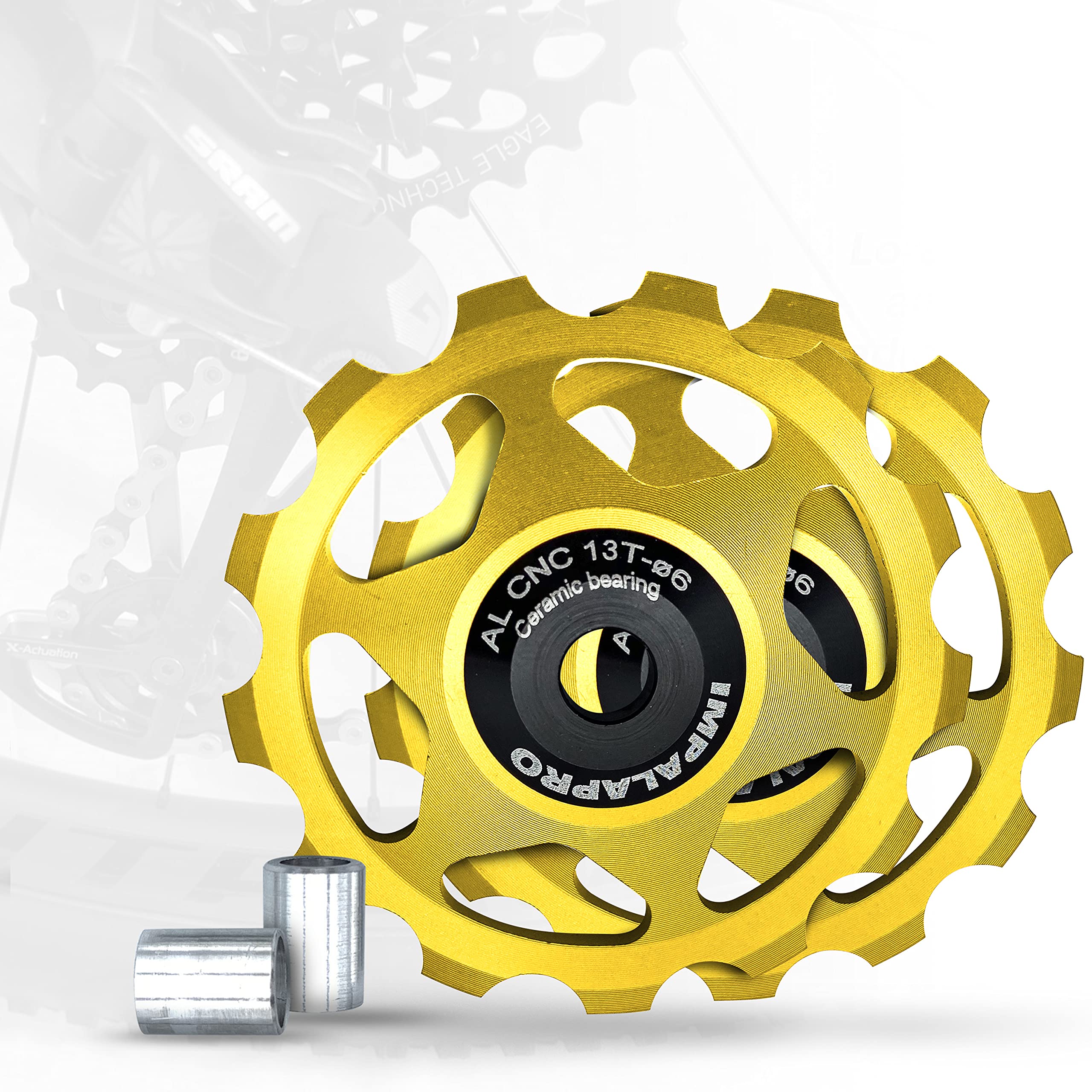 Impalapro Bike Set of 2 13T Jockey Wheel - Pulley Wheel for Derailleurs for Bikes Ultralight and Durable with Ceramic Bearing for MTB or Road Bike - Derailleur Pulley - Shimano Derailleur (Gold)
