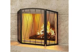 Kingson Childproof Fireplace Screen 3- Panel Modern Handcrafted Wrought Iron Foldable Metal Mesh, Heavy Duty Decorative Fireplace Spark Guard Cover for Living Room Home Decor Black Finish