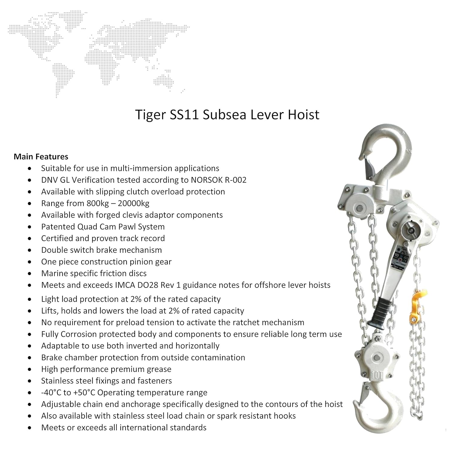 Tiger 0.8t Tiger SS0080 L/H 3m HOL Subsea Lever Hoist, SS11, 3 m