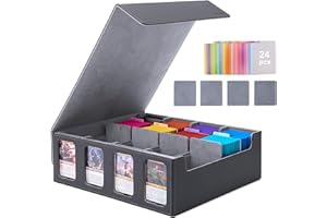 Venssu Card Storage Box for Trading Cards with Card Supporters, 3000+ MTG Deck Box with 24 Colorful Divider Tabs, Trading Card Storage with Viewing Windows Fits for Magic Game(Black and Grey)