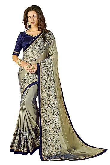 Womens Silk Saree with Blouse Piece (luxury102, Grey and Blue)