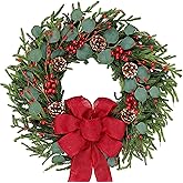 zjlmit Artificial Christmas Wreath 24Inch Christmas Wreaths for Front Door Norfolk Pine Wreath with Eucalyptus Leaves Red Berries Pine Cones Red Bow for Wall Indoor Outdoor Winter Xmas Decoration