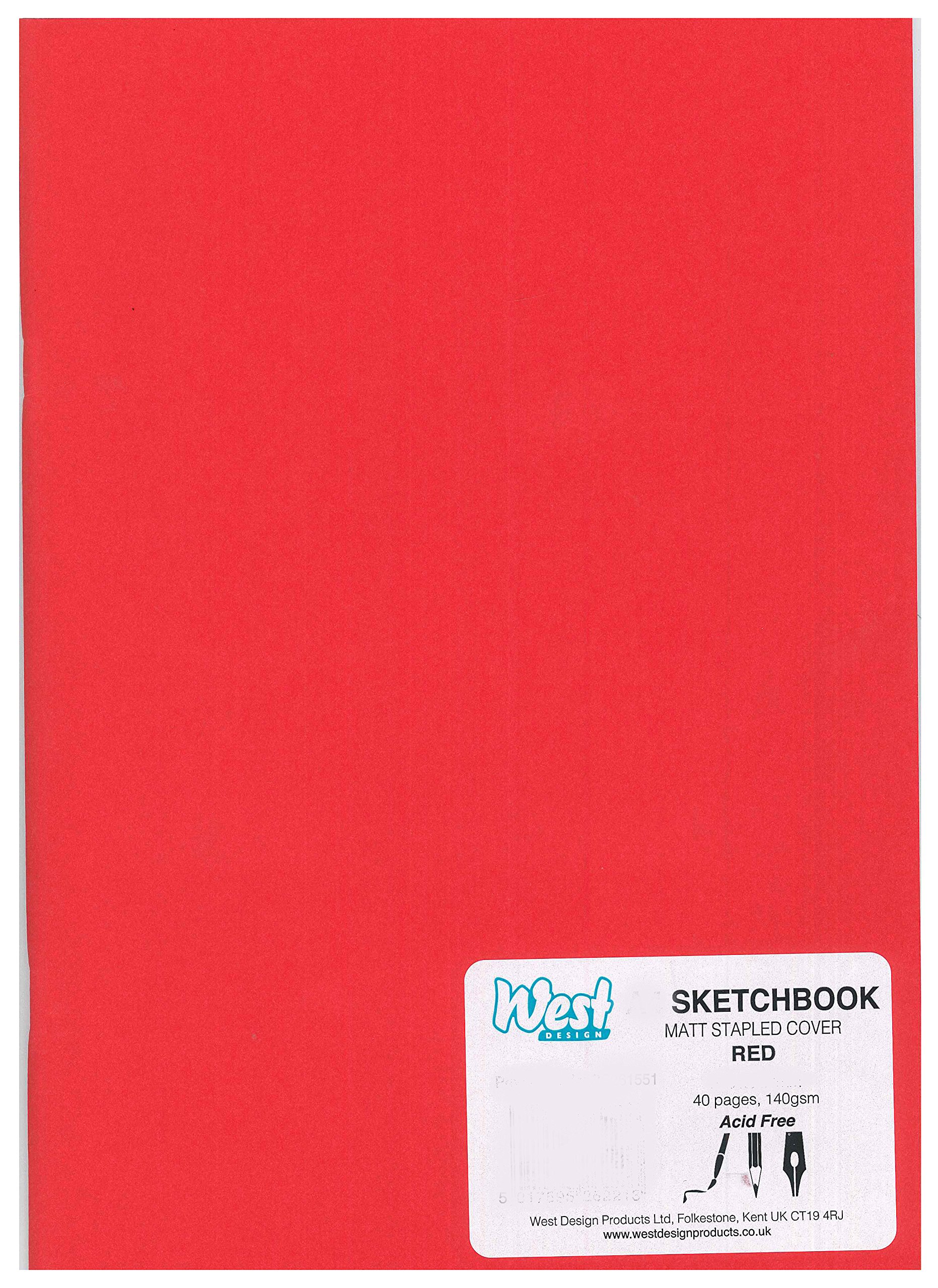 West Design - A3 Sketchbook, 140gsm, 40 White Pages, Stapled Laminated Red Cover, Crisp, Acid Free Plain, Blank Paper, Sketch, Draw, Journal, Scrapbook, Drawing Pad, Notebook, Home, Art Supplies