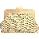 Boho Woven Straw Clutch Bag for Women - Wooden Frame Clutch with Cute Egg Decor, Summer Beach Vacation Crossbody Purse