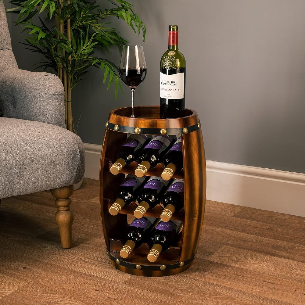 CHRISTOW Wooden Wine Rack Barrel Freestanding 8 Bottle Oak Effect 50cm