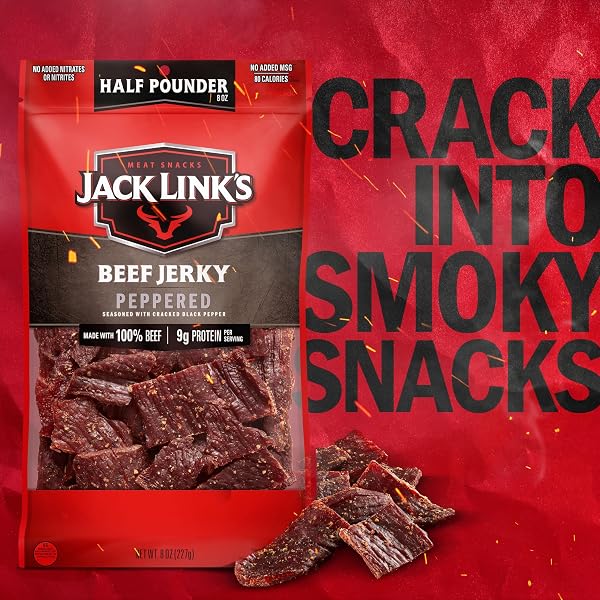 JACK LINK’S BEEF JERKY, PEPPERED, HALF POUNDER LARGE JERKY BAG – FLAVORFUL MEAT SNACK, READY TO EAT PROTEIN SNACKS WITH 9G OF PROTEIN PER SERVING, MADE WITH 100% BEEF
