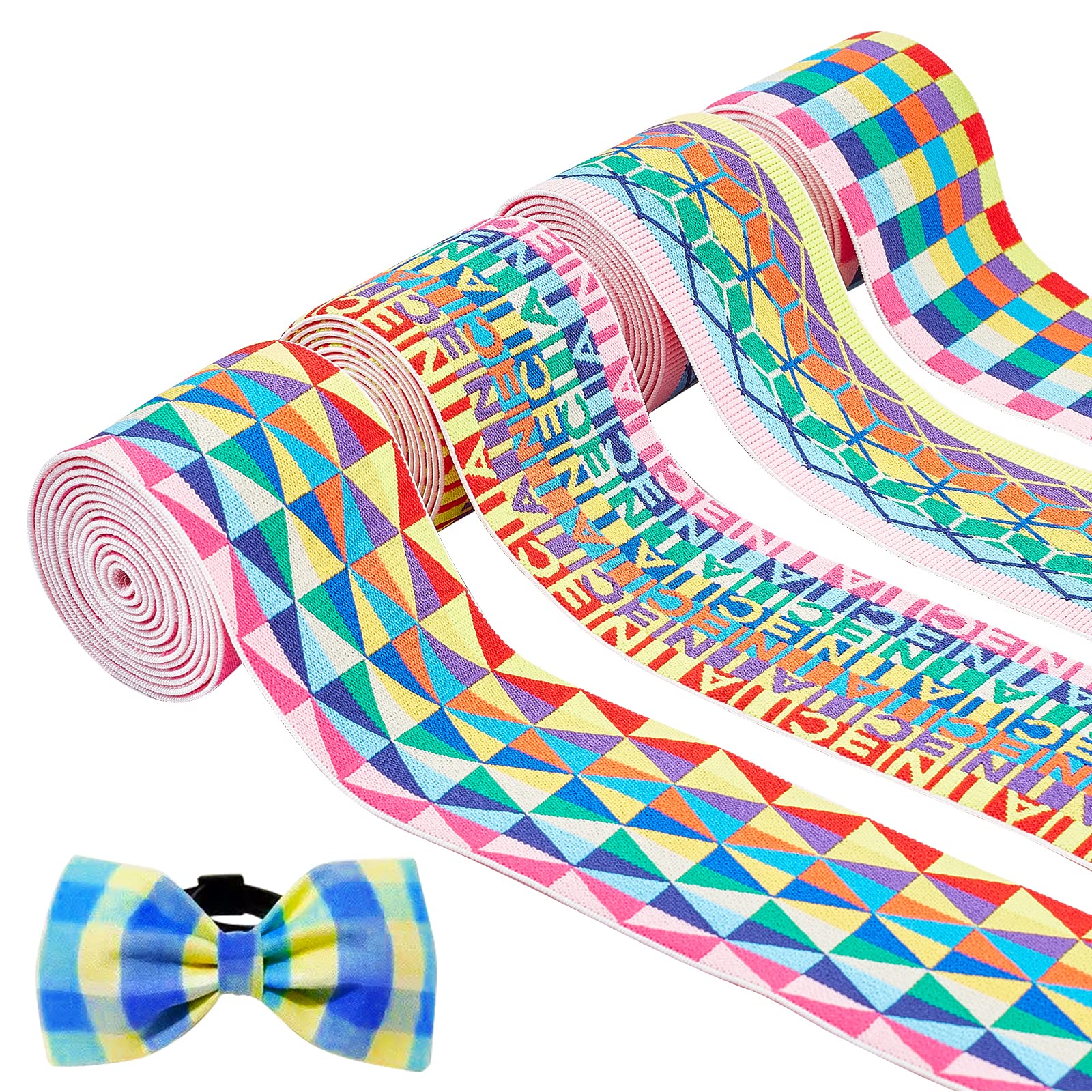 FINGERINSPIRE 8 Yards 4 Styles Sewing Elastic Bands Nylon Elastic Ribbon 5cm Wide Square/Triangular/Letter/Cube Pattern Elastic Band Colorful Soft Elastic Trim for Dress Waistband Wig Bands