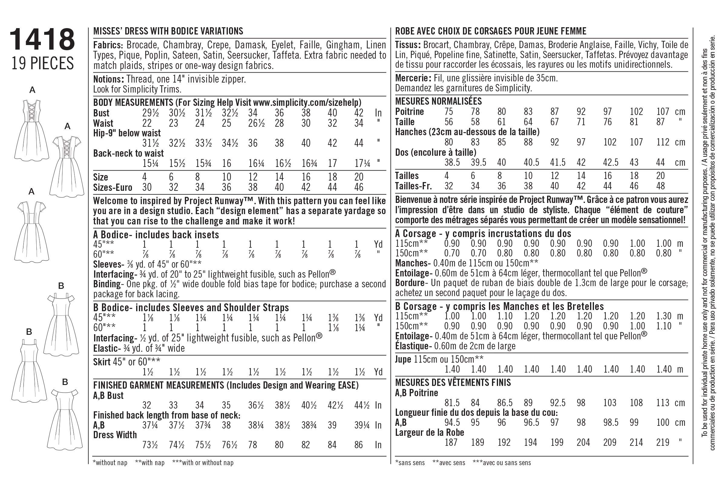 Simplicity Sewing Pattern 1418: Misses' Dress with Bodice Variations, Size D5, 4-6-8-10-12