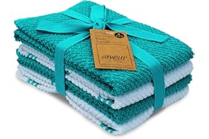 AMOUR INFINI Terry Kitchen Towels Pack of 4 Highly Absorbent Quick Drying Super Soft Dish Towels with Hanging Loop Kitchen Wash Cloths for Dishes (16x26 Inch - Turquoise)