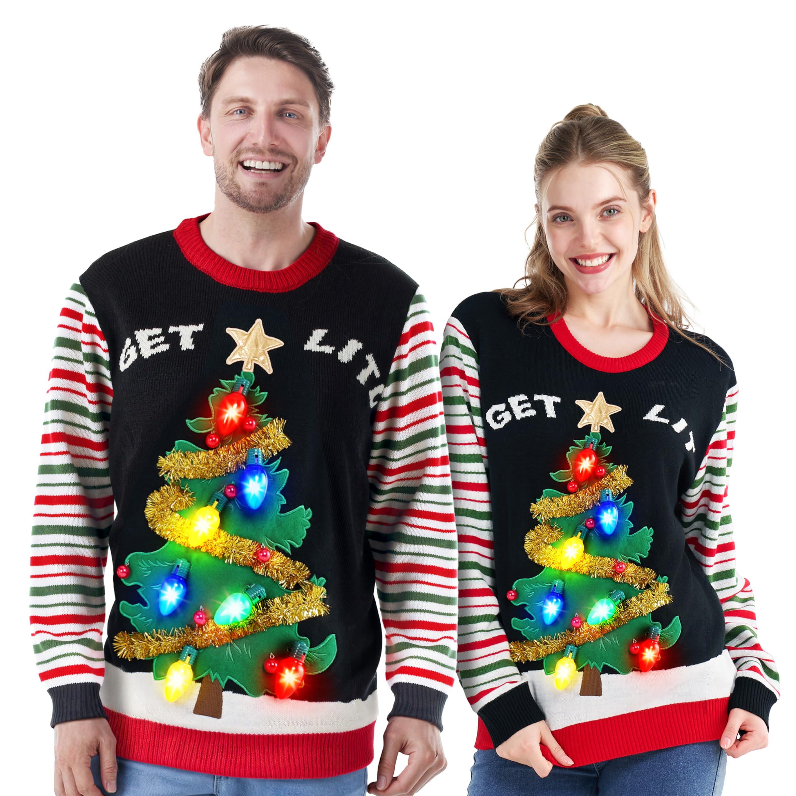 View 1 of 1 PIECE** JOYIN Ugly Christmas Sweater, LED Light Up Ugly Christmas Sweater Kids 2025 Striped Tree (Black)