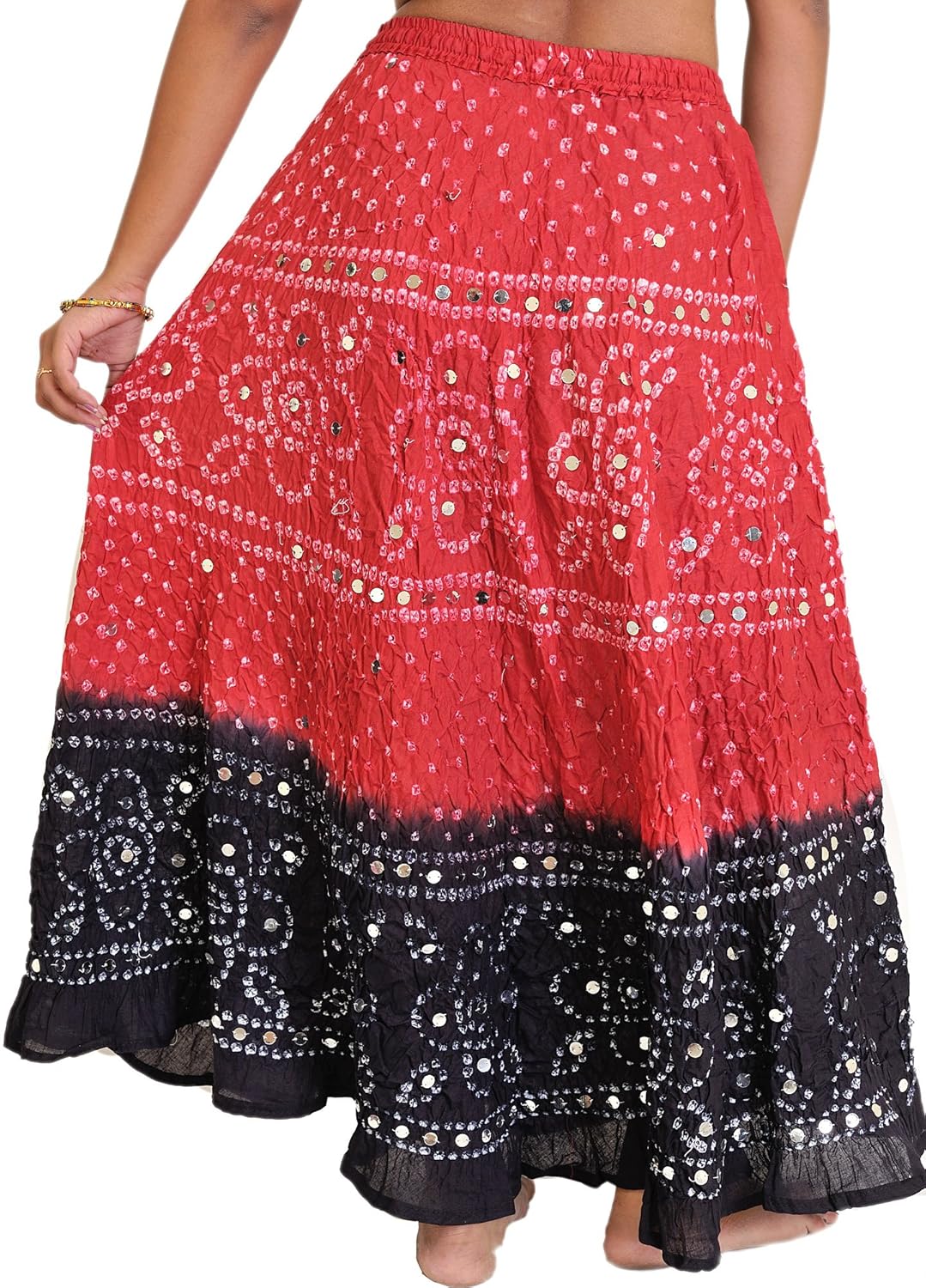 exotic india bandhani tie-dye skirt from jaipur with large sequins