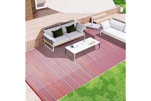 WondRg Outdoor Waterproof Patio Rug 5x8 Plastic Straw Reversible Lightweight Outdoor Area Carpet for Camping RV Picnic Backyard Deck Balcony Porch Beach, Red Stripe