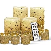 FURORA LIGHTING Gold Glitter LED Candles with Remote and Timer, 4 Pillars and 4 Votives Pack of 8, Real Wax Flameless Flickering Candles for Home Décor, Battery Included