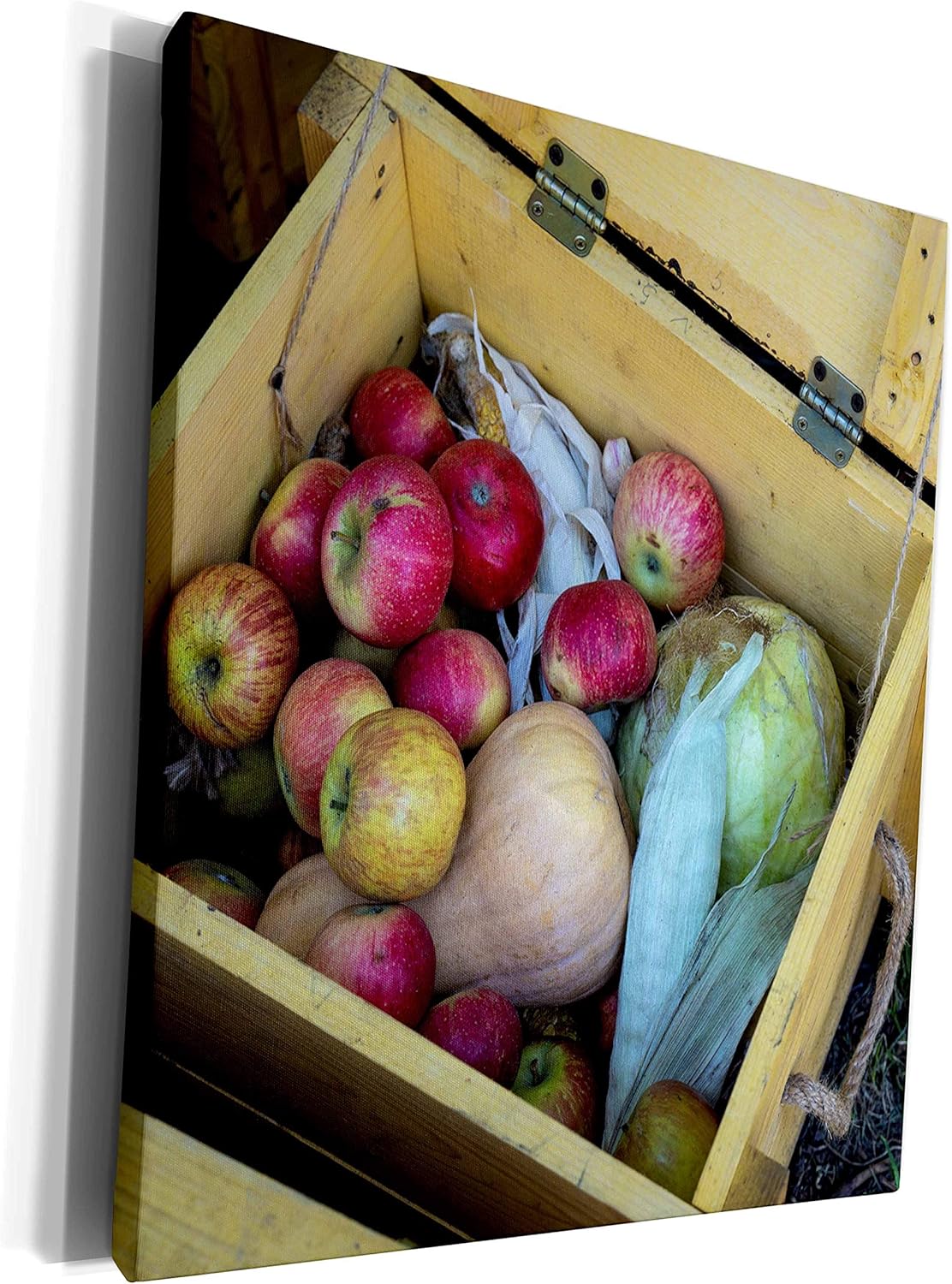 3dRose Alexis Photography - Food Fruits and Vegetables - Wooden box filled with red apples, corn, pumpkin and cabbage - Museum Grade Canvas Wrap (cw_304528_1)