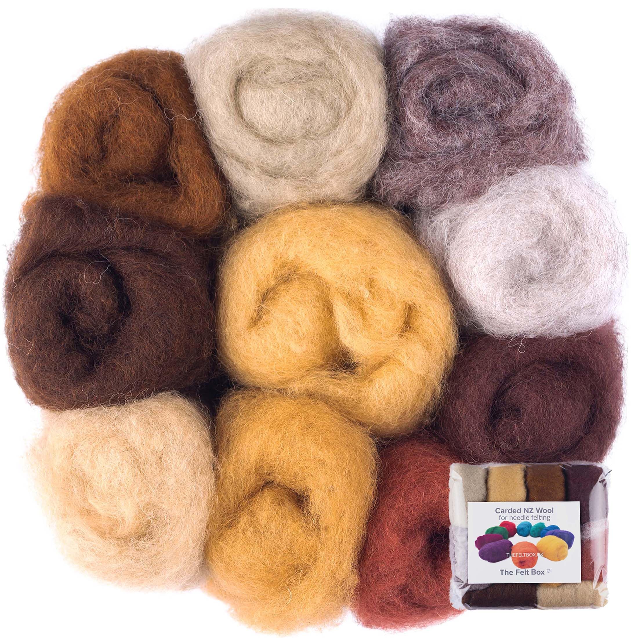 The Felt Box Needle Felting Wool – 10 Brown Mix Shades Pack (100g Total) – Carded Batting for Core or Finish – Coarse Felting Wool for Realistic Animals, Crafts & Sculpting