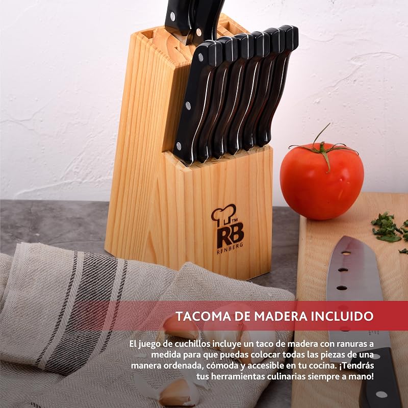 Renberg Tenessy - Brasil | Facas de Cozinha | Conjunto Completo de 15 Peças com Tacoma de Madeira | Perfeito para cortar todos os tipos de ingredientes | Cozinha Profissional | Feito de aço inoxidável