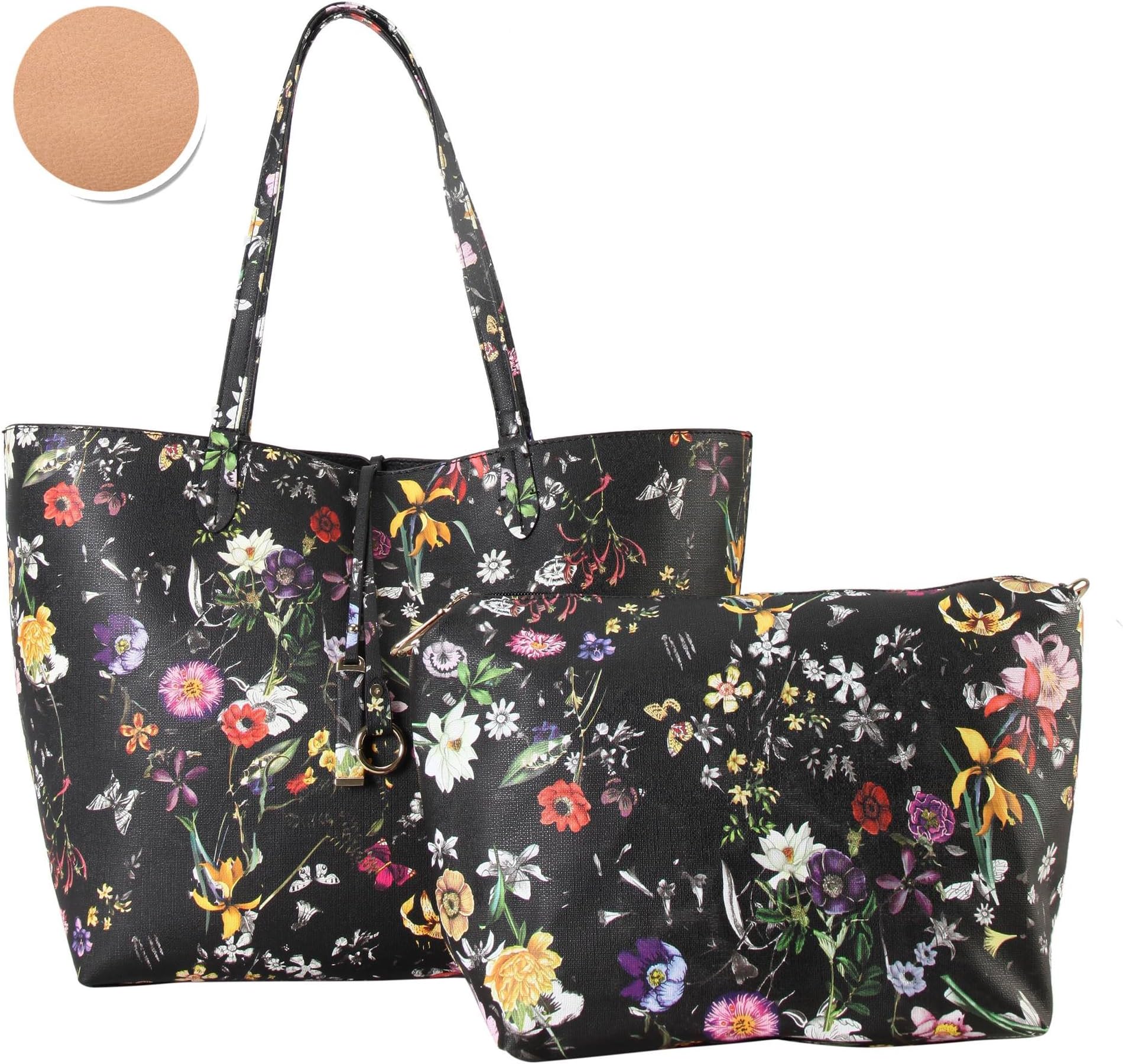 Diophy PU Leather Colorful Floral Pattern Two Tone Reversible Large Tote Womens Purse with Matching Crossbody Bag