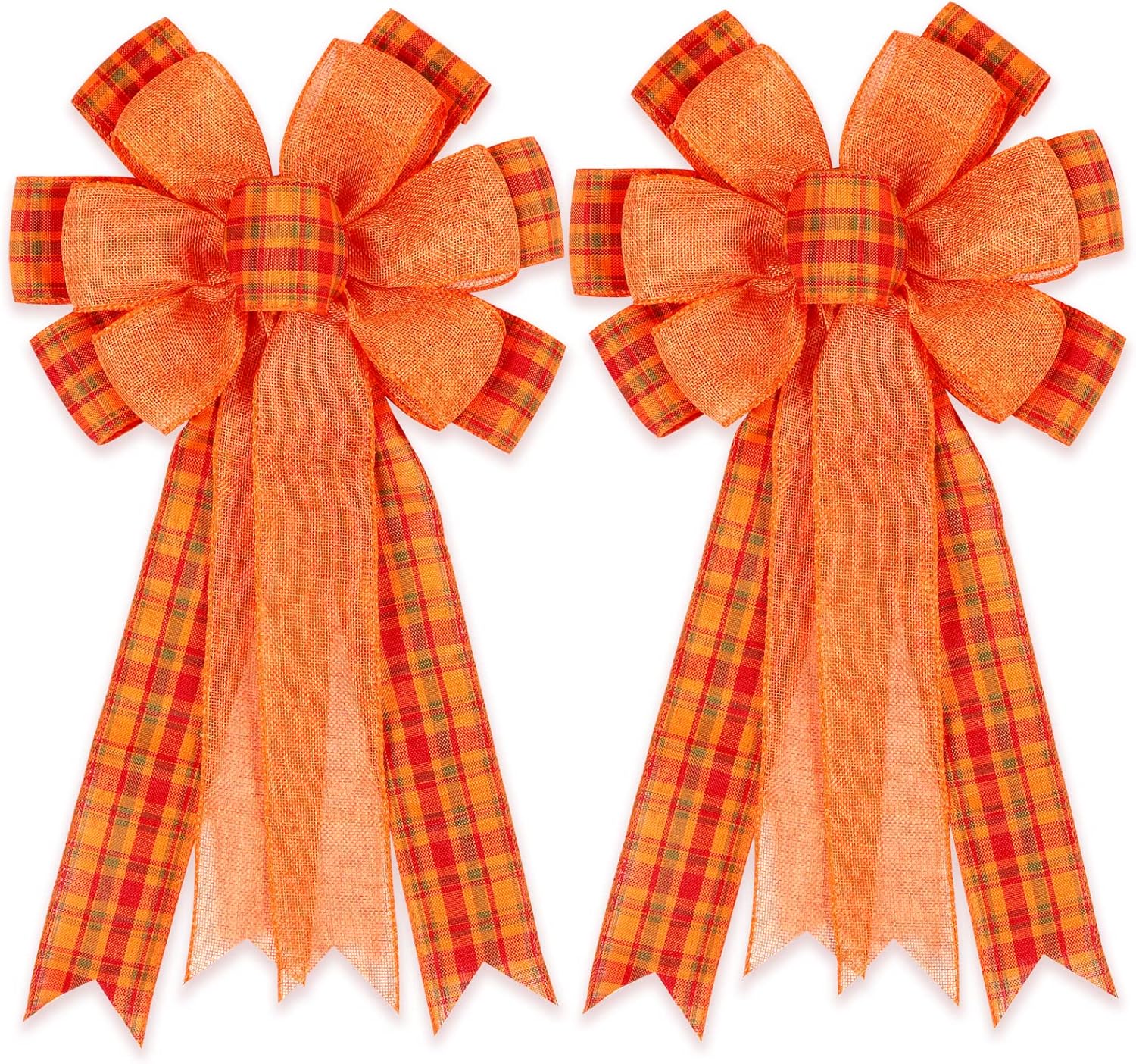 Bows & Ribbons - 2 Pack Fall Bows for Wreaths Decorations for Home, Halloween Tree Topper Bow, Thanksgiving Bow with Orange Buffalo Plaid Burlap Front Door Outdoor