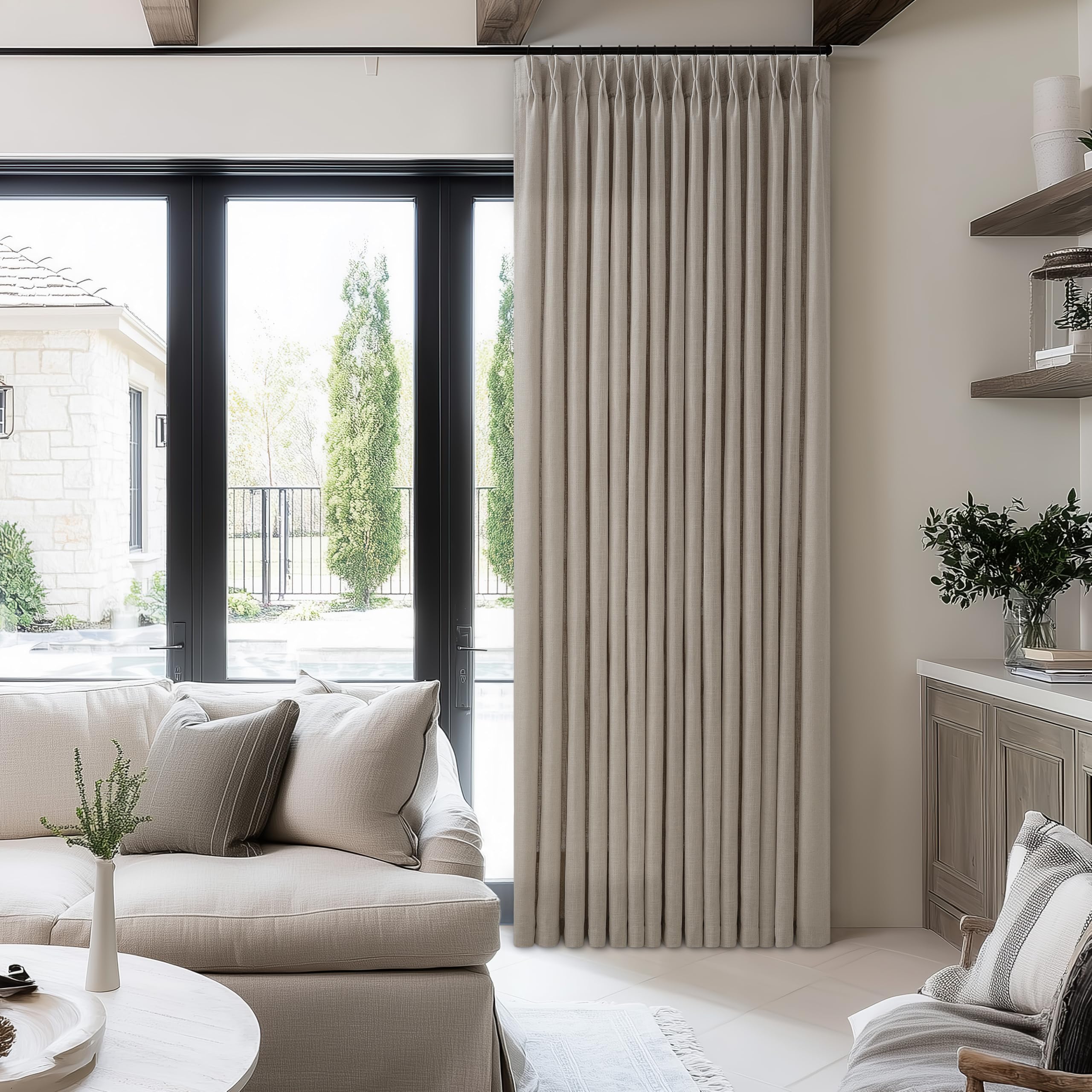 Photo 1 of 102 Inch Long Curtains Pinch Pleat Flax Linen Curtains Living Room Bedroom Taupe Light Filtering Privacy Neutral 102 In Pleated Drapes Hooks Rings Back Tab Grey Beige for Window Sliding Door 1 Panel