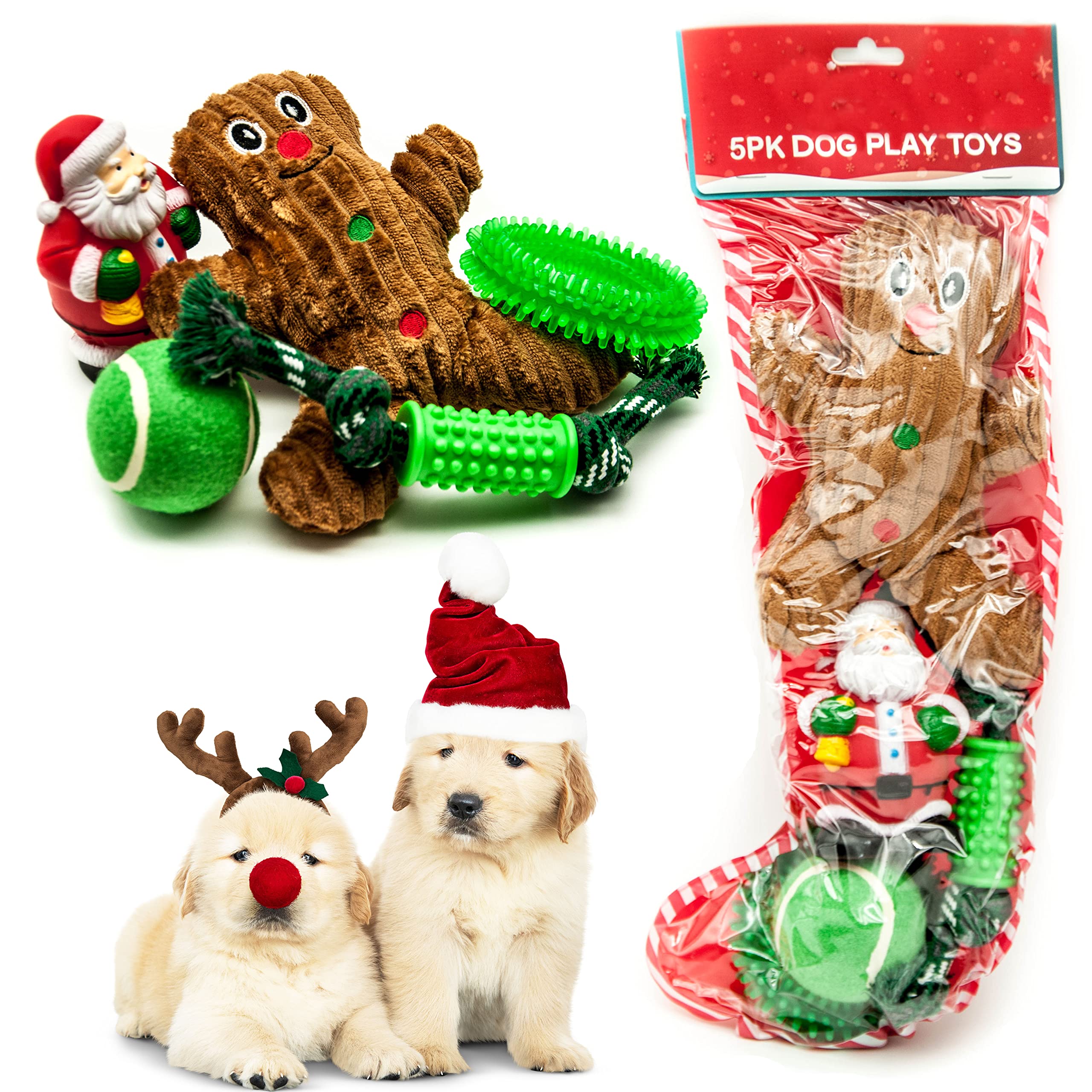 Petopedia Set of 5 - Pet Toys XMAS Gifts - STOCKING Christmas Dog Toys - Plush Rope Spike Squeaky Dogs Tennis Ball - Dog Chew Toy (Green, Pack of 5)