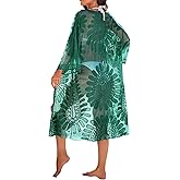Blooming Jelly Womens Kimono Mesh Swimsuit Coverup Lace Embroidered Long Beach Cover Ups 3/4 Sleeve Tie Front Summer Cardigan
