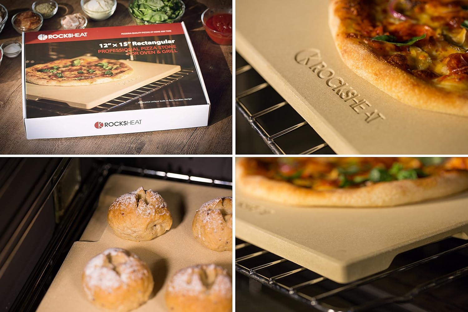 ROCKSHEAT Pizza Stone 12" x 15" Rectangular Baking & Grilling Stone, Perfect for Oven, BBQ and Grill. Innovative Double - Faced Built - in 4 Handles Design : Garden & Outdoor
