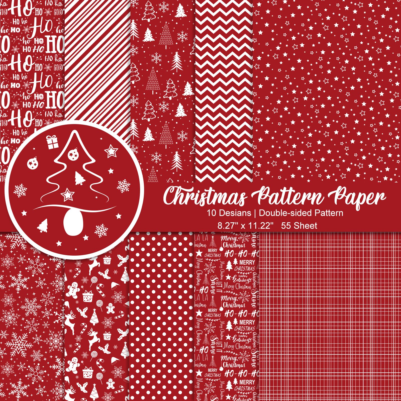 Morcheiong 55 Sheets Merry Christmas Pattern Paper Set Decorative Paper for Card Making Scrapbook Photo Album Decor, 10 Designs (Red, 8.27*11.22 inches)