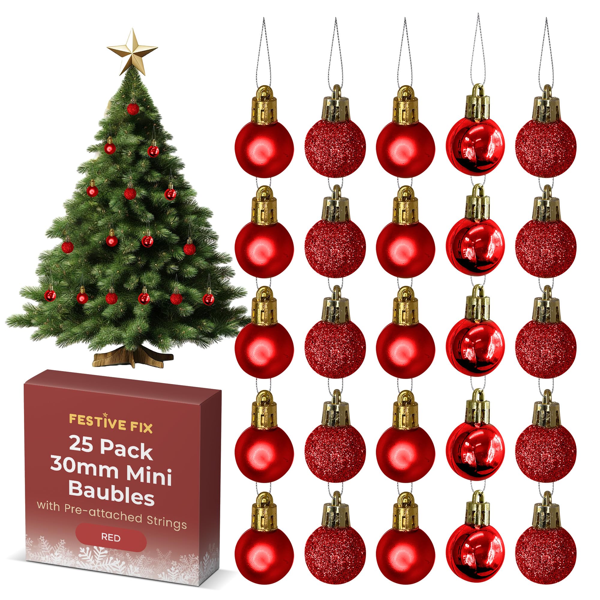 Festive Fix 25 Red Mini Christmas Baubles – Shatterproof, Lightweight Small Tree Decorations for Xmas, Home, Party & Festive Displays